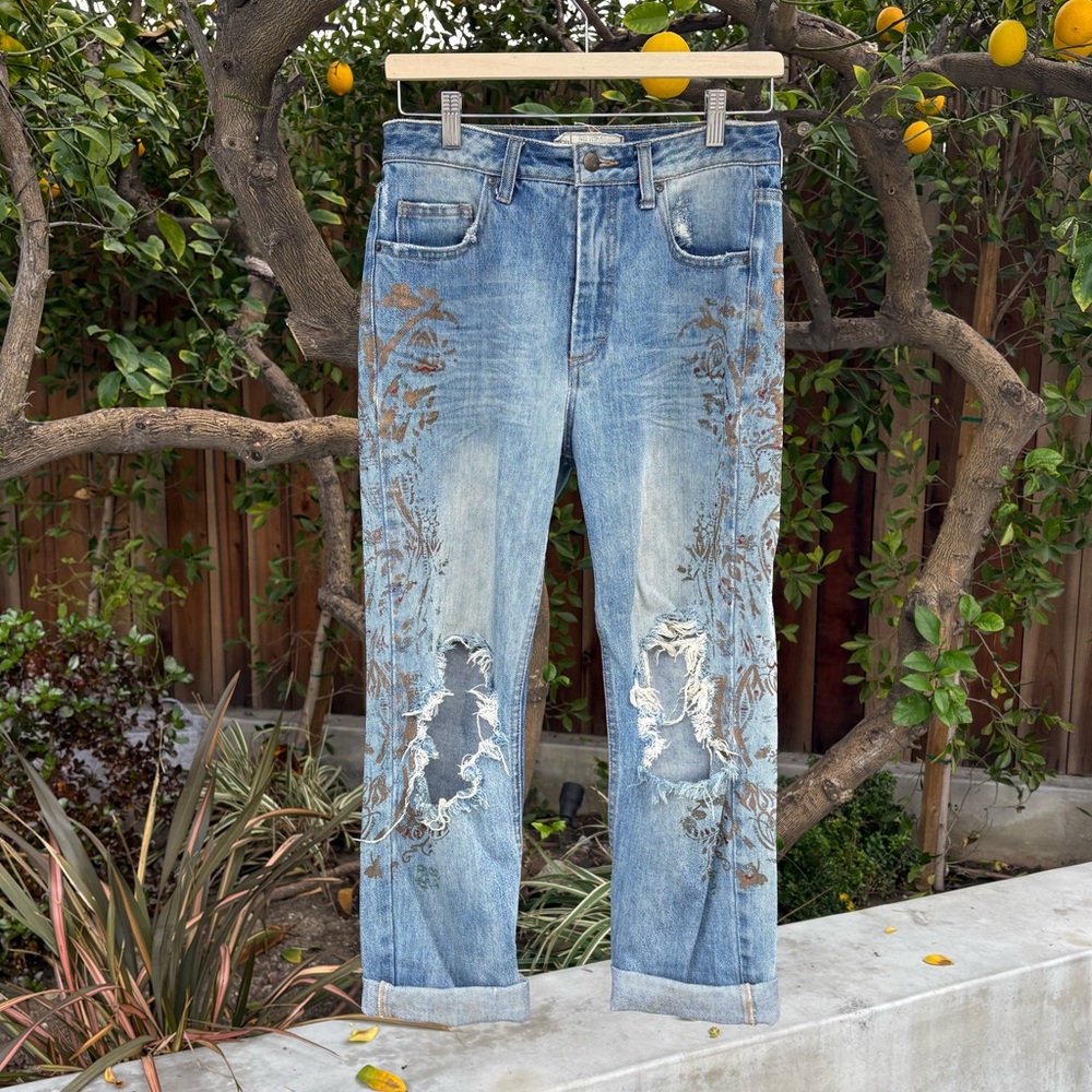 Free People Embroidered Distressed Blue Boyfriend Jeans